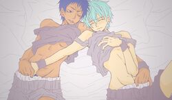 2boys aomine_daiki aqua_hair blue_eyes blue_hair blush closed_eyes dark-skinned_male dark_skin hand_in_underwear handjob kuroishi kuroko_no_basuke kuroko_tetsuya male male_only multiple_males mutual_handjob one_eye_closed short_hair tank_top undressing yaoi