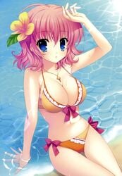 bikini blue_eyes breasts cleavage flower hair_flower hair_ornament high_resolution himezono_risa mitha partially_submerged pink_hair short_hair swimsuit water yuyukana