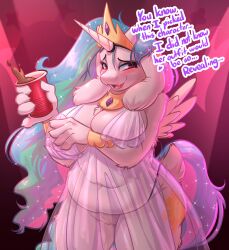 absurd_res anthro belly big_breasts blush boss_monster_(undertale) bovid breasts caprine clothing container cosplay costume covering covering_breasts covering_self crossover cup english_text female friendship_is_magic fur genitals hasbro hi_res mammal my_little_pony nipples party princess_celestia_(mlp) pussy red_eyes solo text toriel undertale undertale_(series) vulva white_body white_fur wig witchtaunter