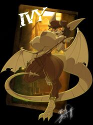 1girls anklets areolae artist_signature backlighting barsmars big_ass big_ears black_background bluesky_link breasts city clawed_feet curly_hair dark_hair deadlock english_text fanart female gargoyle grey_body horns horns_through_headwear huge_breasts ivy_(deadlock) long_ears long_tail mythological_creature newsboy_cap nipples nose_ring open_mouth pinstripe_legwear pointy_ears pulling_suspenders septum_piercing sharp_teeth solo standing_on_one_leg suspenders tail text thick_thighs thin_waist thumb_in_waistband topless topless_female torn_wings trousers valve watermark wings yellow_sclera