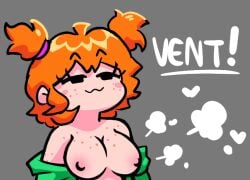 breasts d-side_girlfriend edited female friday_night_funkin ginger ginger_hair girlfriend_(friday_night_funkin) happy incognitoaccount421 shirtless simple_background smug smug_face steaming_body zepiereite