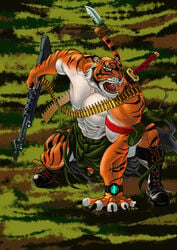 abs anthro bandoiler biceps boots bullets claws clothing feline fur furry gay knife machine_gun male muscle muscles muscular nails pecs penis stripes sword tiger torn_clothing warrior watch weapon