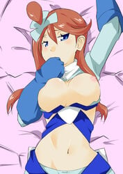 1girls bed blush breasts embarrassed female female_only human large_breasts lying manabebebe nipples on_bed pokemon pokemon_bw skyla_(pokemon) solo source_request topless