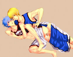 2boys anal basketball_uniform blonde_hair blonde_hair_on_blue_hair blonde_hair_top blue_eyes blue_hair blue_hair_bottom domination gay human kise_ryouta kuroko_no_basuke kuroko_tetsuya light_hair_on_dark_hair male male_only multiple_boys sex sports_uniform yaoi yellow_eyes