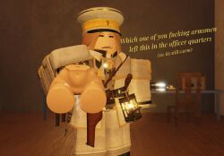 1girls 3d clothed cum cum_drip english_text golden_empire_(grave/digger) grave/digger holding_object lettuce123455 officer_(grave/digger) roblox roblox_game robloxian sex_toy tagme text