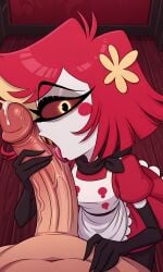 1girls ai ai-created ai_generated black_neckerchief clothed_female_nude_male cock_worship colored_sclera cyclops dress elbow_gloves fellatio female hair_ornament half-closed_eyes hazbin_hotel huge_cock licking licking_penis looking_at_viewer male multicolored_hair neckerchief niffty penis penis_grab precum red_cheeks red_dress red_hair red_sclera self_upload sharp_teeth shittyaistuff size_difference thick_eyelashes tongue tongue_out two_tone_hair veiny_penis vivienne_medrano vivziepop white_apron yellow_eyes yellow_hair