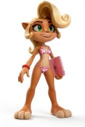 accurate_art_style activision ai_assisted ai_generated bikini blonde_female coco_bandicoot crash_(series) feet female female_only furry furry_female furry_only legs orange_body paws semi_nude side_view teeth_showing tongue white_background