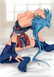 ass blue_hair breasts censored clothing happy highres japanese_clothes looking_back medium_breasts rance_(series) sengoku_rance simple_background smile spread_legs stockings suzume_(rance) thighhighs yellow_eyes