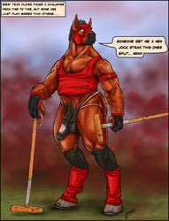 1male accidental_exposure anthro biceps equine flaccid horse horseballs horsecock humor male male_only muscles pecs penis polo ralph semi-erect solo sports standing trogan veins wardrobe_malfunction