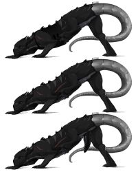 2019 animal_genitalia arm_scar black_body black_penis chest_scar clothing cybernetics cyborg dragon erection feral genital_slit genitals grey_body hi_res horn i-psilone looking_at_viewer machine male multiple_images mythological_creature mythological_scalie mythology penis raised_leg scalie scar shirt simple_background smile solo standing teeth thal_verscholen topwear white_background yellow_eyes