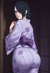 1girls ai_generated amputee ass ass_bigger_than_head big_ass big_butt black_eyes black_hair blush boruto:_naruto_next_generations bottom_heavy breasts clothed clothing curvaceous curvy curvy_figure earrings female female_focus female_only floral_print fully_clothed gender_transformation genderswap_(mtf) hair_over_one_eye japanese_clothes kimono light-skinned_female light_skin looking_at_viewer looking_back mature mature_female medium_breasts milf missing_arm naruto naruto_(series) obi pale-skinned_female pale_skin pinup presenting_ass rear_view rule_63 sash sasuke_uchiha sasuko sexy_no_jutsu short_skirt shounen_jump sliding_doors solo solo_female solo_focus thick_ass thick_thighs thighs transformation viewed_from_behind voluptuous walking wide_hips