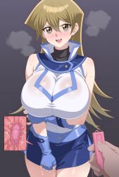 1boy anime_coloring arm_under_breasts blonde_hair blue_sky blush breasts brown_eyes commentary_request cross_section duel_academy_uniform_(yu-gi-oh!_gx) egg_vibrator female grey_background hand_on_own_arm highres holding holding_sex_toy huet-pc large_breasts long_hair looking_at_viewer male miniskirt object_insertion open_mouth pov pov_hands pussy remote_control_vibrator sex_toy shirt skirt skirt_tug sky sleeveless sleeveless_shirt solo_focus standing tenjouin_asuka v-shaped_eyebrows vaginal_object_insertion vaginal_penetration vibrator white_shirt yu-gi-oh! yu-gi-oh!_gx