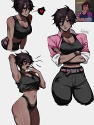 black_panties black_pants crop_top dispatch_(game) female gybeth invisigal jacket jacket_open multiple_angles multiple_poses nose_piercing nose_ring short_hair thick_thighs tomboy