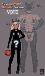 1boy 1femboy 1futa big_breasts blonde_hair breasts chaps costume cowbell cowboy dmitrys english_text femboy futanari halloween halloween_costume hand_on_hip height_difference hooves horns horns_hairband intersex light-skinned_futa light_skin male meryl_(dmitrys) muscular muscular_futa peach_(dmitrys) pink_hair qr_code toned toned_futa twintails two-tone_hair