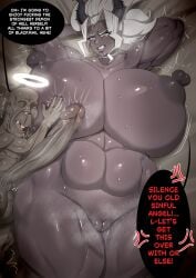 1boy 1girls angry breasts captainexcelsior dialogue female gigantic_breasts helltaker huge_breasts imminent_sex judgement_(helltaker) male male/female muscular_female text ugly_bastard venus_body voluptuous
