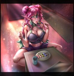 1girls big_breasts blaspy_(character) blue_highlights breasts cleavage clothed dango eating eating_dango elf_ears female female_focus female_only giant_breasts pink_hair pl_vtube sheepsin virtual_youtuber vtuber vtuberfanart