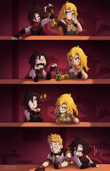 1boy 2girls assertive_female bar beer beer_bottle black_hair black_hair_female blonde_female blonde_hair cleavage clothed_female clothed_male color drinking drunk encasement female flirting fully_clothed half-siblings half-sisters horny_female jaune_arc long_hair long_hair_female male no_dialogue purple_eyes red_highlights robotic_arm ruby_rose rwby sex_gesture silver_eyes the_other_half yang_xiao_long