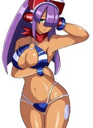 1girl 1girls absurdres android bandana bikini blue_bikini bracelet breasts capcom clenched_teeth dark-skinned_female dark_skin female green_eyes hair_over_one_eye hayebsi headgear high_ponytail highres hime_cut jewelry joints large_breasts layer layer_(mega_man) long_hair looking_at_viewer mega_man mega_man_(series) mega_man_x mega_man_x_(series) mega_man_x_dive mole mole_under_eye multicolored_bikini navel o-ring o-ring_bikini official_alternate_costume parted_lips ponytail purple_hair red_bandana robot_girl robot_joints simple_background solo striped_bikini striped_clothes swimsuit swimsuit_layer_(mega_man) swimsuit_layer_(x_dive) tagme_(artist) teeth two-tone_bikini unknown_artist white_background
