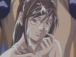 after_sex animated brown_hair bukkake cum discipline:record_of_a_crusade facial glasses kaneda_maiko licking nude smile