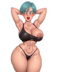 abs ai ai_generated aqua_hair arms_behind_head big_areola big_breasts big_thighs black_clothes black_tank_top black_thong black_topwear blank_background blue_eyes blue_hair blush blushing_female boob_out breast_out bulma_(dragon_ball) bulma_briefs bulma_briefs_(majin_buu_saga) dragon_ball dragon_ball_z fit fit_body fit_female inconvenient_boobs inconvenient_breasts mature mature_female mature_woman milf nip_slip nipple_out nipple_slip pixai plump_lips red_lips red_lipstick shiny_boobs shiny_breasts shiny_clothes shiny_hair shiny_skin shiny_tits short_hair thin_thong thin_waist thong tit_out undersized_clothes undersized_clothing wardrobe_malfunction white_background