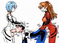 1boy 2futas ai_generated all_fours anal anal_sex annoyed artist_request ass_grab asuka_langley_sohryu balls blue_hair bodysuit breasts diamond_7_(ai_generator) embarrassed emotionless erection erection_under_clothes expressionless eye_contact face_fucking fellatio futa_on_male futadom futanari head_grab intersex large_penis large_testicles looking_at_another male medium_breasts neon_genesis_evangelion oral penis red_bodysuit rei_ayanami rivalry shinji_ikari simple_background sound_effects tears testicles tsundere white_background white_bodysuit