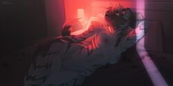 2025 5_fingers anthro areola athletic athletic_female bed bed_covers bedding biped blue_eyes breasts brown_body brown_fur brown_hair brown_stripes brown_tail claws digital_drawing_(artwork) digital_media_(artwork) ear_piercing facial_piercing female finger_claws fingers fur furniture hi_res hyena inner_ear_fluff inside looking_at_viewer lying lying_on_bed mammal medium_breasts navel navel_piercing nipples nose_piercing nude nude_anthro nude_female on_bed on_side piercing pillow solo striped_body striped_fur stripes tail tuft unknowhiter