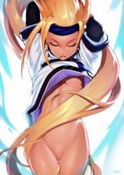 blonde blonde_hair exposed_pussy eyes_closed guilty_gear millia_rage optionaltypo pussy thighs typo_(requiemdusk)