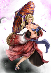 1041_(toshikazu) 1girls big_breasts blonde_hair breasts chinese_clothes cleavage clothed female female_only kimono leaning okobo ponytail setsuka solo soul_calibur soul_calibur_iv