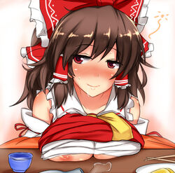 blush breast_rest breasts brown_hair drunk female female_only hair human large_breasts nipple_slip nipples poshi_(ginmokusei) red_eyes reimu_hakurei sake solo touhou