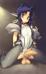 animal_ears black_legwear blue_eyes bodysuit cat_ears censored dark_hair elf foreskin frown futanari intact intersex kyoukaisenjou_no_horizon partially_retracted_foreskin penis satomi_yoshiyasu solo solo_futa torn_clothes uncircumcised uncut yn_red