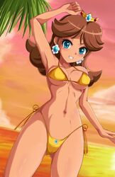 1girls armpits beach big_ass big_breasts big_butt bikini bimbo blue_eyes blush breasts brown_hair busty cameltoe clothes color crown ear_piercing earrings erect_nipples female female_only front-tie_top front_view hair huge_breasts human jewelry looking_at_viewer mario_(series) muscle navel nintendo open_eyes outdoors palm_tree panties piercing princess_daisy raised_arm round_ears side-tie_panties sigurdhosenfeld sky smile solo standing sunset swimsuit tan tan_skin toned tree underwear