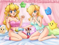 1boy 2girls barefoot big_breasts blue_eyes blush breasts coin crown cute earrings feet female funnel glass green_eyes hair_over_one_eyes human ice ice_cube kneeling large_breasts lingerie luma mario_(series) nail_polish nintendo pajamas panties prank princess_peach princess_rosalina sigurdhosenfeld sitting socks strap_slip super_mario_galaxy thong toad_(mario) underwear wariza water wet wet_panties yokozuwari yuri