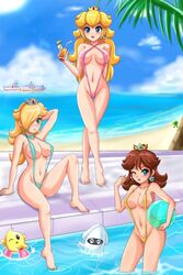 3girls ball beach bikini blonde_hair blooper blush breasts brown_hair cameltoe cataquack cleavage cloud crown daisy_cruiser earrings female hair_over_one_eyes human large_breasts luma mario_(series) multiple_females nintendo pool pretzel_bikini princess_daisy princess_peach princess_rosalina sea ship sigurdhosenfeld sky sling_bikini super_mario_bros. super_mario_galaxy super_mario_sunshine swimsuit wink