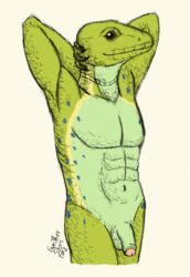 2012 abs anthro balls biceps claws flaccid gunther_silves humanoid_penis lizard looking_at_viewer male male_only muscles nude penis plain_background reptile scalie sheath smile solo