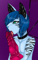 2012 anthro bad_dragon black_ears blue_fur dildo eliana-asato face feline fur furry furry_only gay green_eyes large_dildo licking male no_humans pink_penis purple sex_toy strips tongue violet