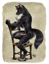 anthro ass brown_hair canine chair eyewear fur furry furry_only gay glasses hair looking_at_viewer male nude penis precum tail_ring werepuppy wolf