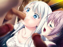 2girls 4boys assisted_fellatio blue_eyes blush censored cum cum_in_mouth fellatio lips multiple_boys multiple_girls oral penis play!_play!_play!_san teamwork wazakita