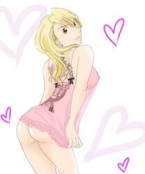 ass beige_skin blonde_hair breasts brown_eyes clothes color female female_only fullmetal_alchemist hair heart human long_hair looking_right open_eyes riza_hawkeye side_view solo standing tattoo