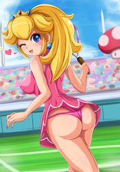 1girls ass ass_focus beige_skin big_breasts blue_eyes booty breasts bubble_ass bubble_butt busty butt_focus clothes color crown dat_ass dress ear_piercing earrings female female_only from_behind hair heart huge_ass huge_breasts human jewelry large_breasts lipstick long_hair looking_back makeup mario_(series) mario_tennis mushroom nail_polish nintendo open_mouth panties piercing ponytail princess_peach racket round_ears sigurdhosenfeld solo super_mushroom tennis_court tennis_outfit tennis_racket thong toned underwear upskirt wink yellow_hair