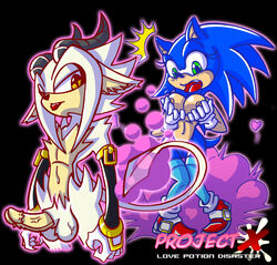 1boy 1girls amber_eyes androgynous anthro areolae balls blue_hair breasts cleavage demon_boy demon_horns demon_tail exposed_torso female footwear furry girly green_eyes hair handwear hedgehog horn humanoid large_breasts lipstick male nipples penis project_x_love_potion_disaster pussy rule_63 sega sonic_(series) sonic_the_hedgehog stockings tagme thebrave thighhighs trap white_hair