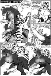 2boys anal anal_sex anthro balls bent_over comic condom dialogue doggy_style english_text equine erect_penis erection feline flaccid from_behind furry gay greyscale horse horsecock karno male male_only monochrome muscular muscular_male no_humans nude orgasm penetration penis sex speech_bubble text tiger