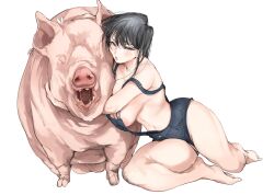 2021 areola areola_slip balls big_breasts black_hair blush breasts domestic_pig female feral genitals hair hi_res hugging_partner human komi-san_wa_komyushou_desu komi_shouko larger_male looking_at_viewer male male/female mamimi_(artist) mammal navel not_furry_focus overalls_only pig side_boob simple_background size_difference suid suina sus_(pig) thick_thighs ugly_bastard white_background zoophilia