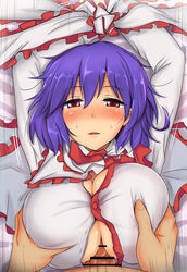 blush breasts censored iku_nagae large_breasts paizuri paizuri_under_clothes penis poshi_(ginmokusei) purple_hair red_eyes touhou