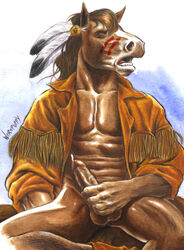 1boy balls cum equine erection feathers horse leather male male_only native_american nude orgasm paint penis pony solo werepuppy