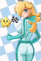 ass blonde_hair blue_bodysuit bodysuit checkered_flag crown female female_focus hair human looking_at_viewer looking_back lowres luma mario_(series) mario_kart nintendo png princess_rosalina sigurdhosenfeld smile standing thumbs_up