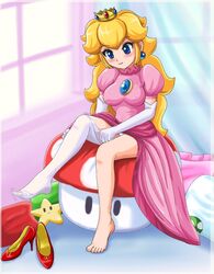 5_toes adjusting_thighhigh asymmetrical_clothes barefoot blonde blonde_female blonde_hair blonde_hair_female blue_eyes blush clothes crown dress dressing erect_nipples feet gloves hair headwear high_heels long_gloves long_hair mario_(series) nintendo nipple_bulge nipples one_thighhigh panties pantyshot pink_dress princess_peach shoes sigurdhosenfeld single_thighhigh sitting slippers star starman_(mario) super_mario_bros. super_mushroom thighhighs thighs toes underwear white_gloves