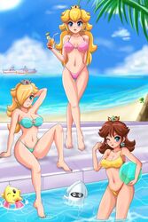 3girls ball barefoot beach beige_skin belly_button bikini blonde_hair blooper blush brown_hair cameltoe cataquack cloud clouds color crossed_legs crown daisy_cruiser drink earrings female hair hair_over_one_eye hat heart highres human innertube jewelry luma mario_(series) multiple_females nintendo pool princess_daisy princess_peach princess_rosalina sea ship side-tie_bikini sigurdhosenfeld sky standing star super_mario_bros. super_mario_galaxy super_mario_sunshine swimsuit thigh_gap water wink