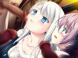 2girls 4boys blue_eyes blush censored lips multiple_boys multiple_girls penis play!_play!_play!_san wazakita