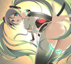 1girls aqua_eyes aqua_hair ass bare_shoulders bottomless bridal_gauntlets dansa female from_below green_hair hatsune_miku hatsune_miku_(append) long_hair open_mouth outstretched_hand project_diva smile solo thighhighs tied_hair twintails very_long_hair vocaloid white_legwear