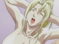 1boy 1girls animated armpits arms_behind_head big_breasts blonde_hair bouncing_breasts breasts busty closed_eyes discipline:record_of_a_crusade hayami_takurou large_breasts linda_hamilton looking_pleasured moaning nipples nude ponytail riding sex straddle